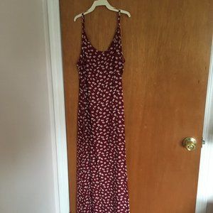 Burgundy with white floral print long summer dress with spaghetti straps
